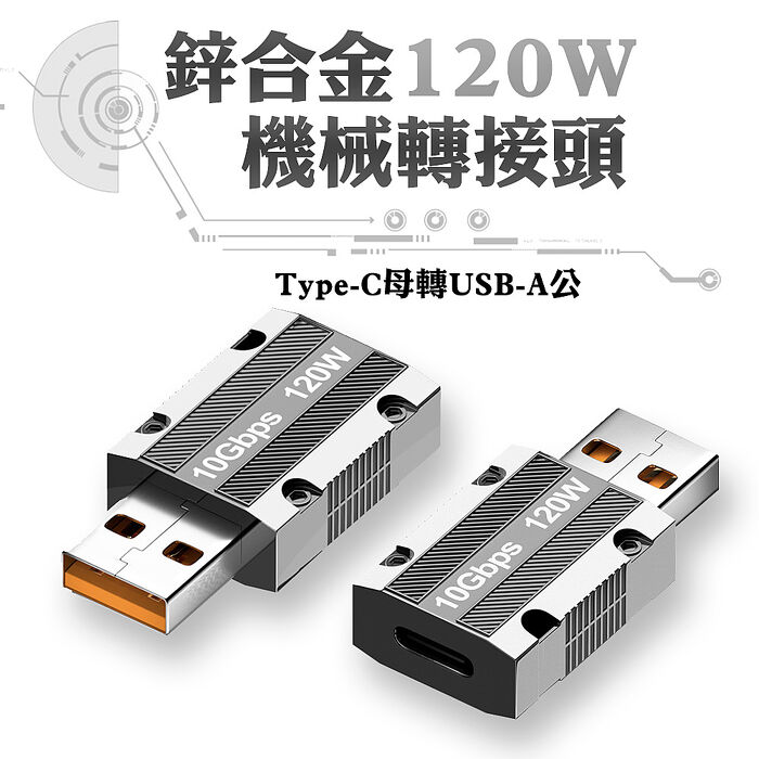 SHOWHAN 鋅合金120W 機械轉接頭Type-C母轉USB-A公