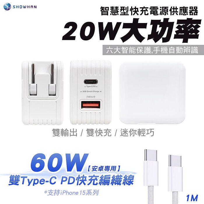 SHOWHAN 雙Type-C快充編織線+20W 雙孔 A+C PD+QC3.0 快速充電器