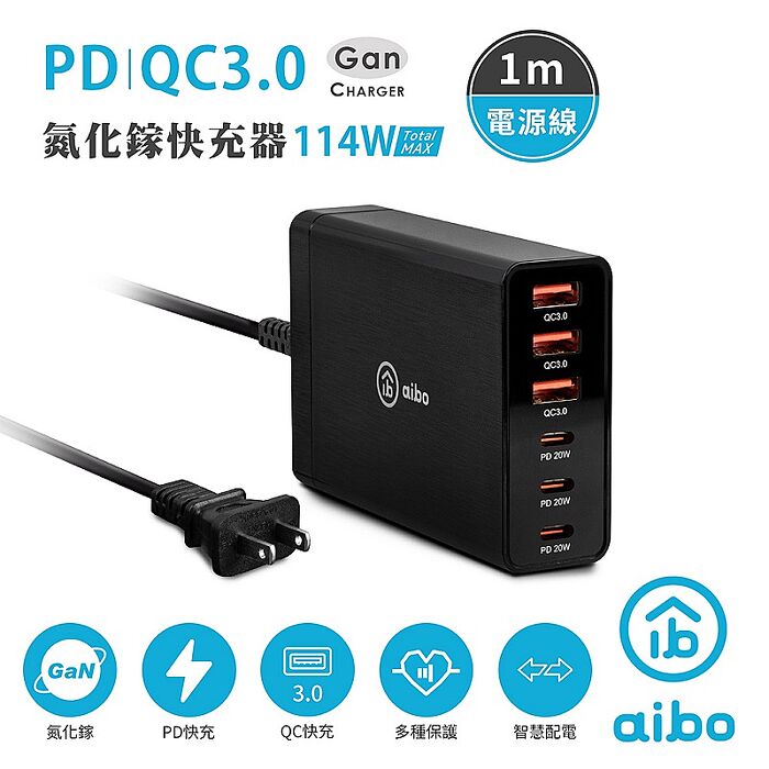 aibo PD+QC GaN氮化鎵 六孔PD快充充電器