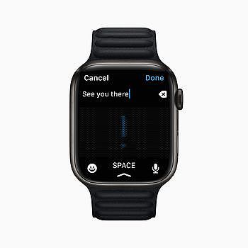 「聽寫」功能顯示於 Apple Watch Series 7 上的「訊息」app。