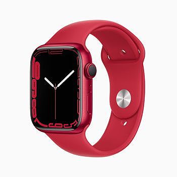 Apple Watch Series 7 上的全新「輪廓」錶面，以全新 PRODUCT(RED) 鋁金屬錶殼展示。