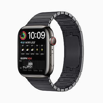 「雙行組合」錶面顯示於 Apple Watch Series 7。