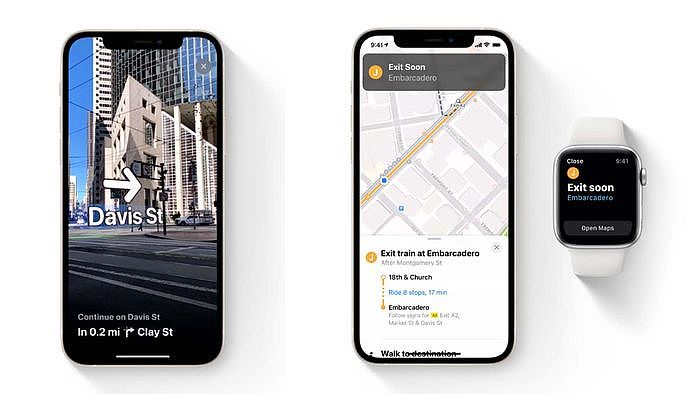 Apple Maps 也能夠透過 Apple Watch 設定提醒是否到站，並同時開啟AR協助導航。