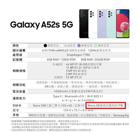 Galaxy A52s 5G 規格表