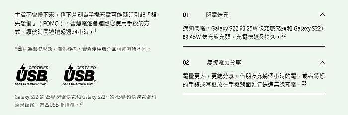 Galaxy S22與Galaxy S22+ 閃電快充