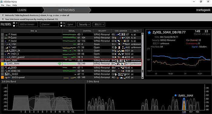 與AP距離約10公尺且相隔一道牆的2.4 GHz 與 5 GHz 收訊狀況。