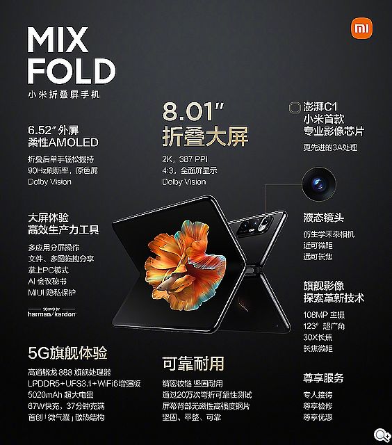 小米發表折疊螢幕手機MIX FOLD 加入液態鏡頭與澎湃C1自研晶片