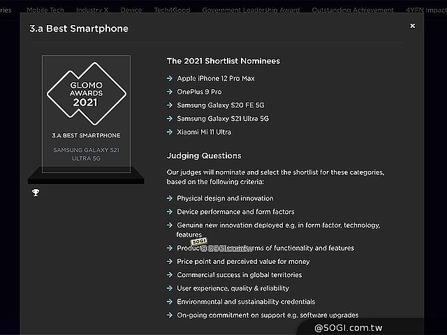 GLOMO最佳手機大獎 SAMSUNG S21 Ultra奪得
