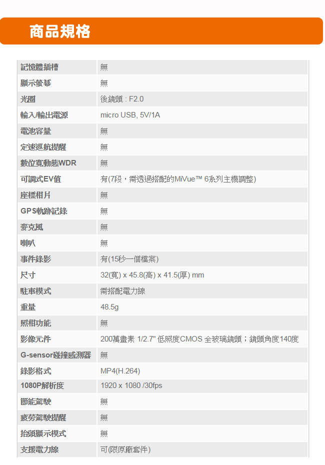 Mio MiVue A20後鏡頭行車記錄器