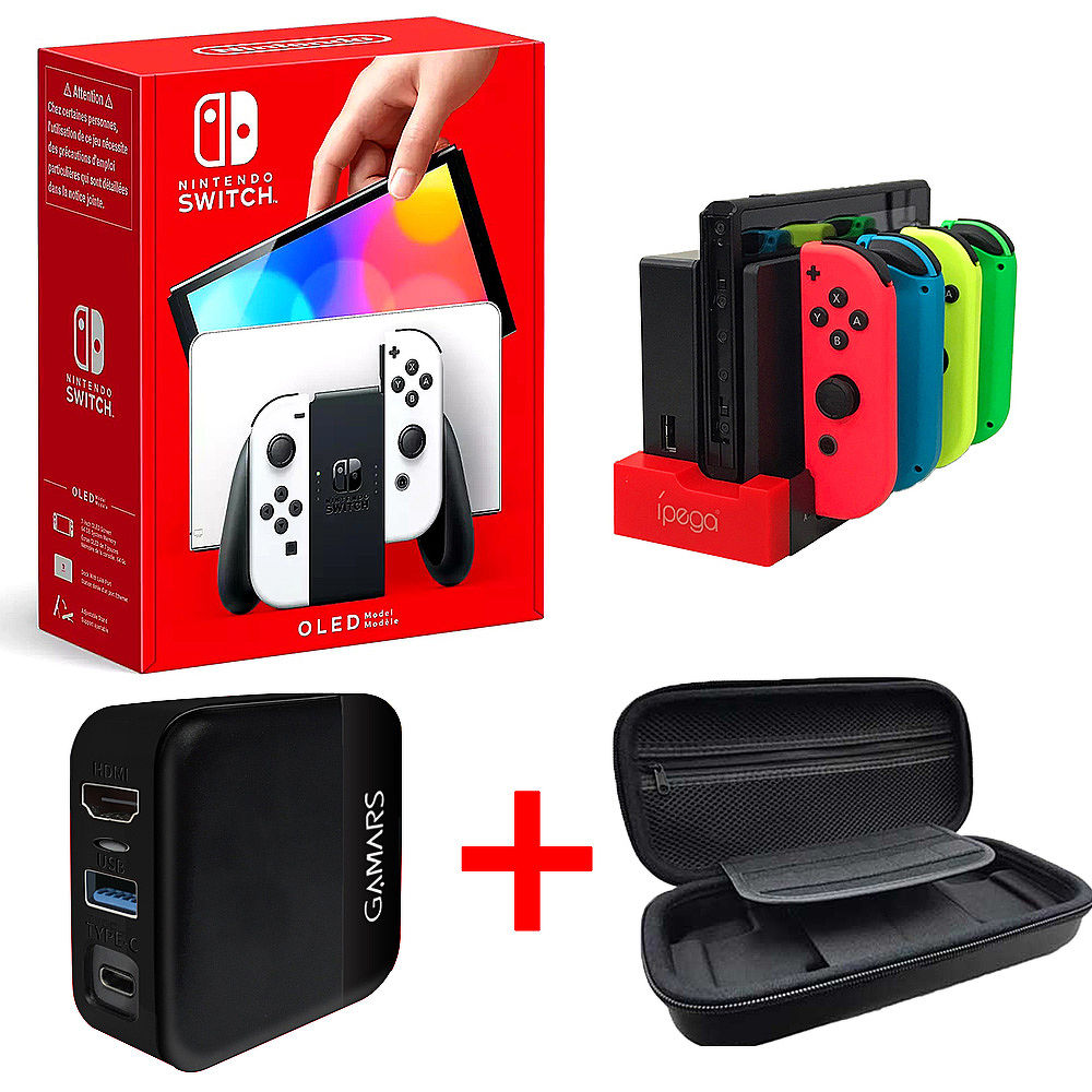 任天堂 Switch OLED白色主機+Joy-Con充電座+智慧TV投影PD快充器+主機收納包(贈玻璃保護貼+卡帶收藏盒)