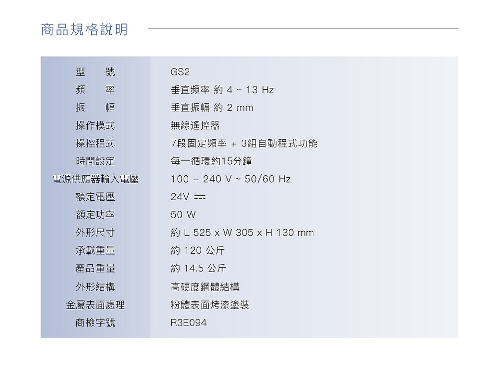型　　號：GS2 頻　　率：約 4-13 Hz 振　　幅：垂直振幅 約 2mm 操作模式：無線遙控器 操控程式：7段固定頻率 + 3組自動程式功能 時間設定：每一循環約15分鐘 外形結構：高硬度鋼體結構 金屬表面處理：粉體表面烤漆塗裝 電源供應器輸入電壓：100 - 240 V ~ 50/60 Hz 額定電壓：24V ⎓ 額定功率：50W 外型尺寸：約 L 525 x W 305 x H 130 mm 承載重量：約 120  公斤 產品重量：約 14.5  公斤 商檢字號：R3E094