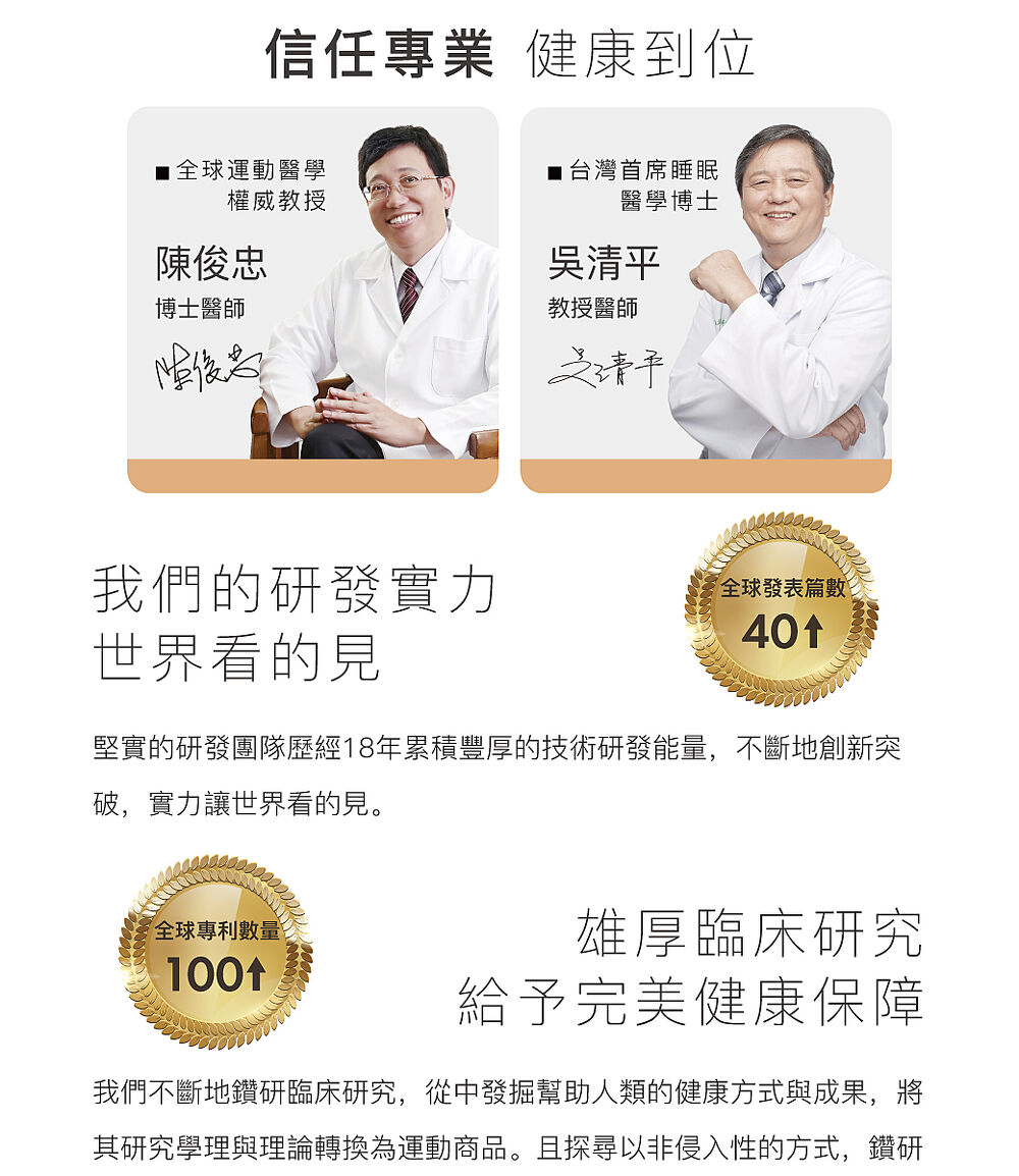 全球運動醫學權威教授 陳俊忠博士醫師及台灣首席睡眠醫學博士 吳清平教授醫師 專業推薦