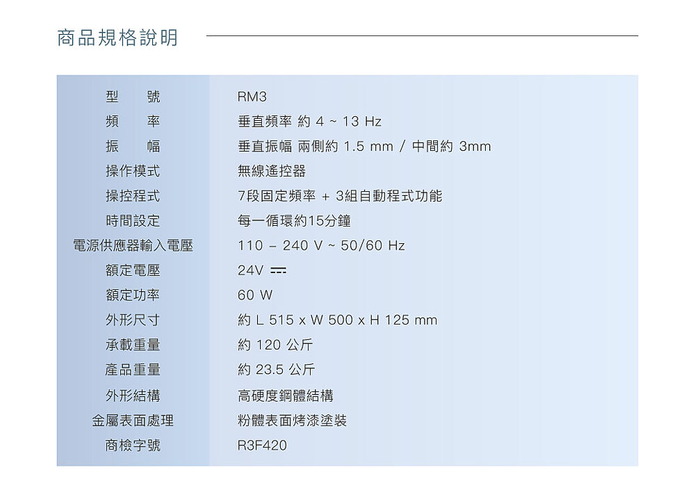型　　號：RM3 頻　　率：約 4-13 Hz 振　　幅：垂直振幅 兩側約 1.5mm / 中間約 3 mm 操作模式：無線遙控器 操控程式：7段固定頻率 + 3組自動程式功能 時間設定：每一循環約15分鐘 外形結構：高硬度鋼體結構 金屬表面處理：粉體表面烤漆塗裝 電源供應器輸入電壓：100 - 240 V ~ 50/60 Hz 額定電壓：24V ⎓ 額定功率：60W 外型尺寸：約 L 515 x W 500 x H 125 mm 承載重量：約 120  公斤 產品重量：約 23.5  公斤 商檢字號：R3F420