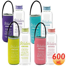 AWANA 馬卡龍塗鴉玻璃水瓶600ml附提袋(4色)-特賣