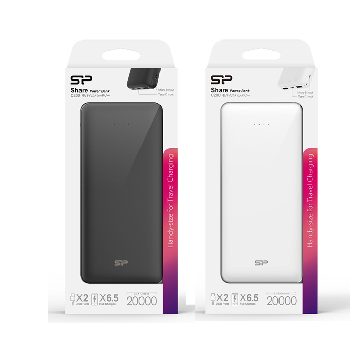 (買一送一)SP廣穎 C200 20000mAh 行動電源 白 黑 USB 雙充電口白色x2