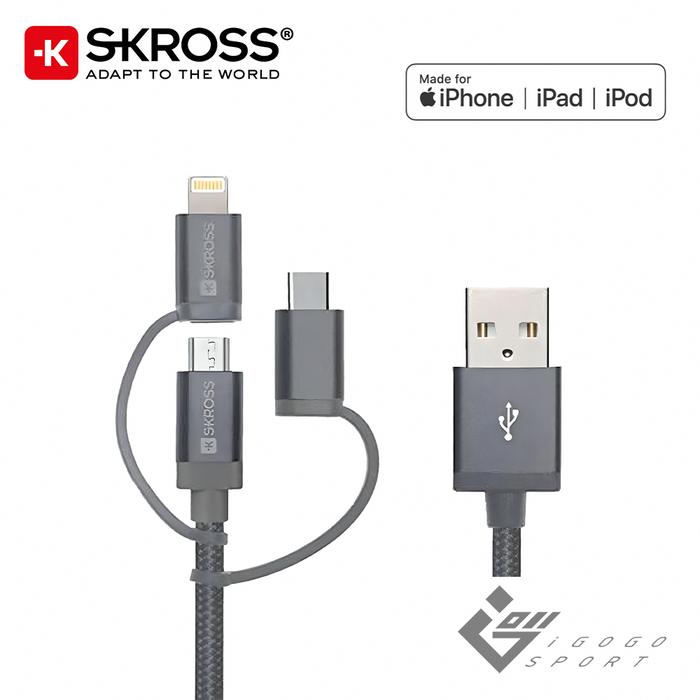 瑞士Skross 蘋果Mfi認證iPhone快充 三合一 USB-A to Type-C+Lightning+Micro-USB充電線 1.2M