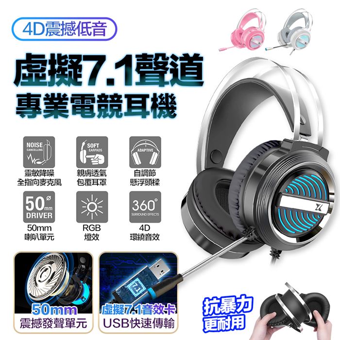 【雙12優惠】u-ta虛擬7.1聲道專業電競USB耳麥A8白色
