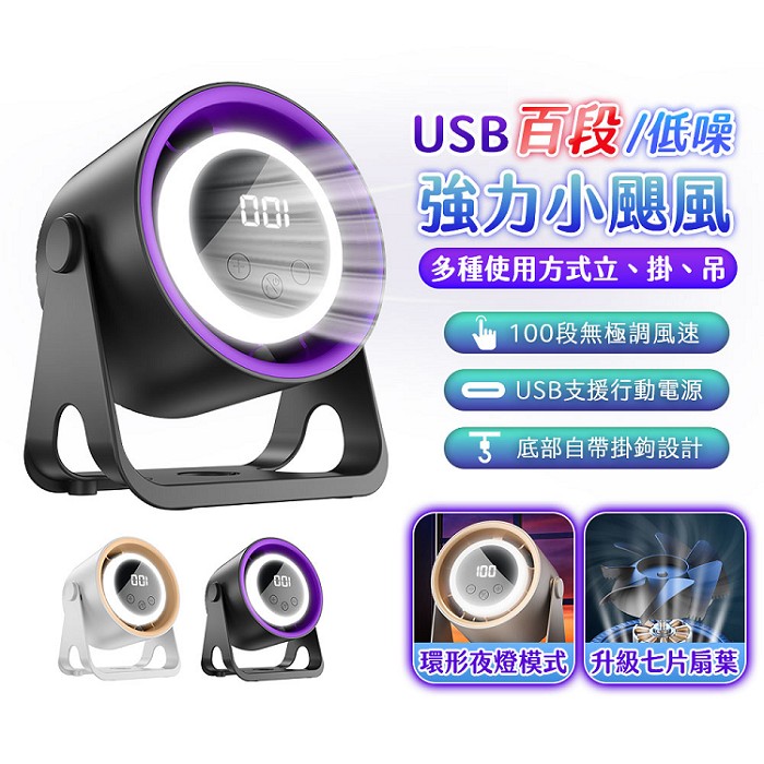FJ無極調節低躁USB強力小颶風風扇FN06(需USB供電 TypeC 可立 壁掛 吊扇 桌扇 7葉片 露營)白色