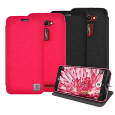 【Metal-slim】Asus Zenfone 2(5吋)亞麻紋側翻站立皮套桃