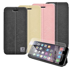 【Metal-slim】Apple iPhone 6s/6 (4.7)隱藏式磁扣四折立架皮套 +9H玻璃鋼化保護貼粉