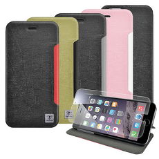 【Metal-slim】Apple iPhone 6s/6 Plus(5.5)前卡槽設計撞色皮套+9H玻璃鋼化保護貼金黑
