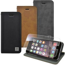 【Metal-slim】Apple iPhone 6s/6 plus(5.5)瘋馬紋圓孔設計站立皮套+9H玻璃鋼化保護貼棕