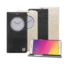 【Metal-Slim】 OPPO R9 亞麻紋PC內層開窗站立皮套香檳金
