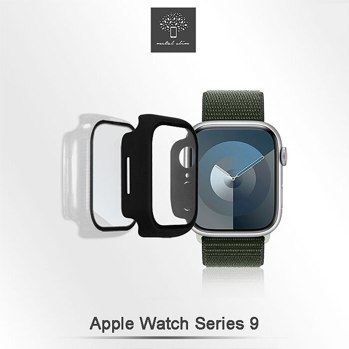 Metal-Slim Apple Watch Series 9 41/45mm 鋼化玻璃+PC 雙料全包覆防摔保護殼41mm 黑