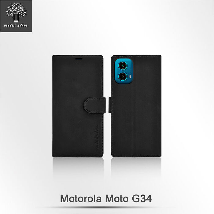 Metal-Slim Motorola Moto G34 高仿小牛皮前扣磁吸內層卡夾皮套-晶鑽黑