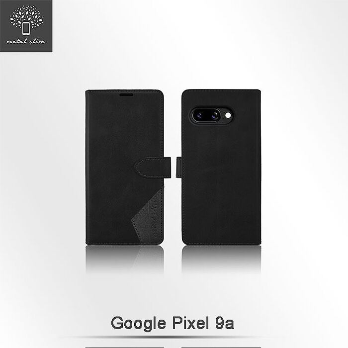 Metal-Slim Google Pixel 9a 時尚撞色前扣磁吸內層卡夾雙料皮套-黑+灰