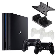 SONY PS4 Pro 7218 1TB-主機黑+第二手-黑T2G+slim/pro主機雙用直立架-黑KJH-ps4slim-pro+手把果凍*2-白+DOBE手把充電