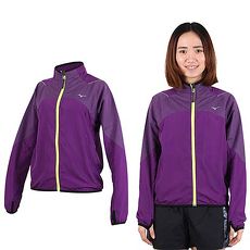 【MIZUNO】女立領路跑風衣外套- 防風 慢跑 美津濃 深紫螢光黃