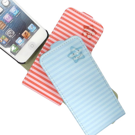 HAPPYMORI Apple iPhone 5 條紋星星 掀蓋式皮套 紅色