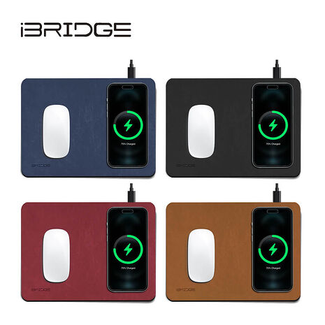 iBRIDGE 10W+蘋果7.5W快充Qi無線充電皮革滑鼠墊深海藍