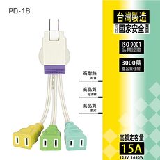 【台灣製造】KINYO 15A 1對3擴充插座電源線(180度任意轉插頭)PD-16