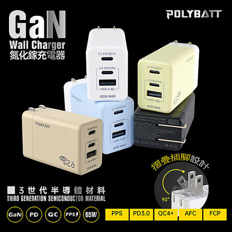 Polybatt GaN氮化鎵65W 手機平板筆電快速充電器GAN05藍色