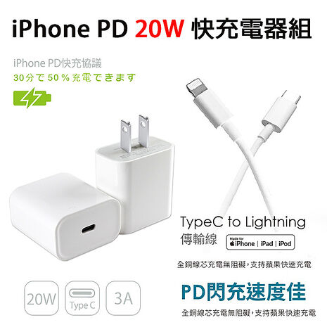 iPhone 20W PD充電器(E630)+Type-C to Lightning 蘋果認證PD快充線