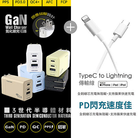 Polybatt GaN氮化鎵65W 手機平板筆電快速充電器+Type-C to Lightning 蘋果認證PD快充線奶茶充電器+快充線