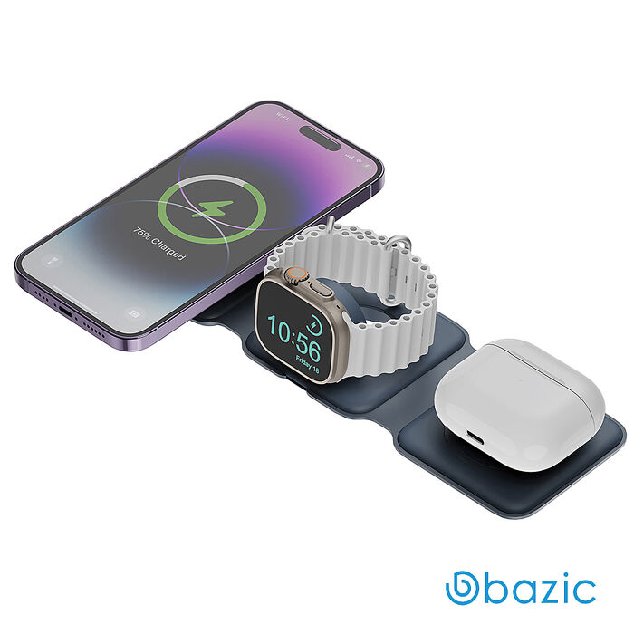 預購5/27出貨 Bazic GoMag Trio Plus 三合一便攜式折疊磁吸無線充電座-藍
