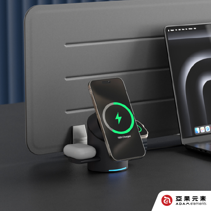 ADAM Mag Tube Qi2 智慧型旋轉式三合一磁吸無線充電座-灰色