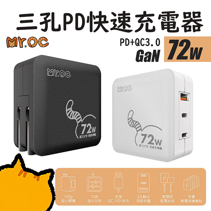Mr.OC橘貓先生 72W GaN PD+QC3.0 三孔 折疊 PD快速充電器白色