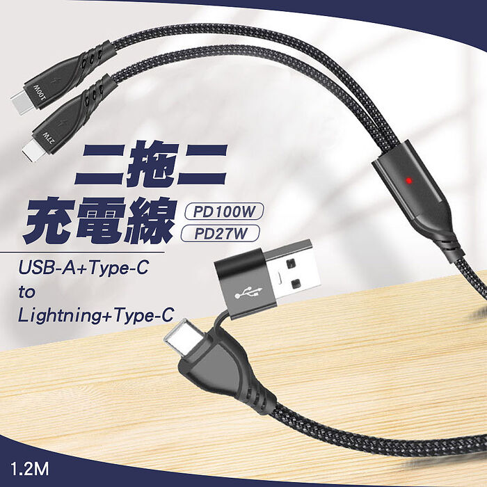 SHOWHAN PD 100W +27W 二拖二 USB-A+Type-C to Lightning+Type-C 快充充電線1.2M