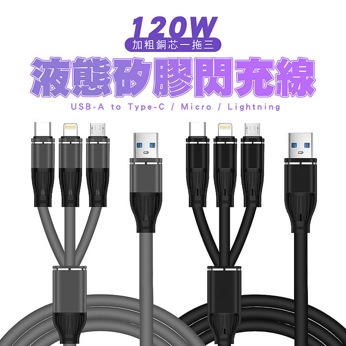 SHOWHAN 新款 液態矽膠加粗銅芯閃充一拖三 充電線-1.2M(支援iPhone16/15)灰色