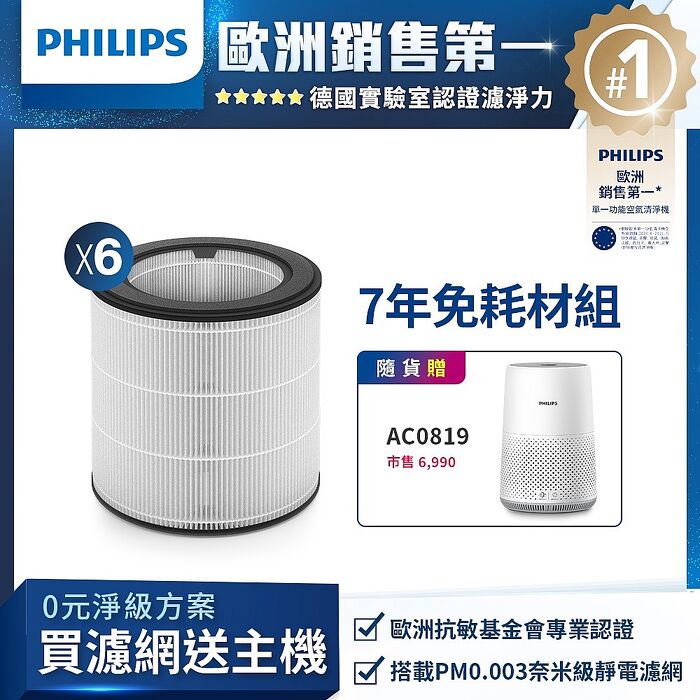 Philips 飛利浦 淨級抗敏組合 奈米級勁護S2型濾網 FY0194/30*6 贈AC0819