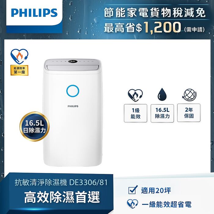 飛利浦 PHILIPS 16.5L抗敏除濕機-灰色 DE3306/81