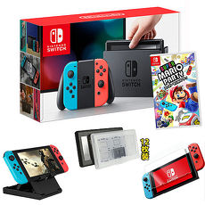 任天堂Switch主機+超級瑪利歐派對(中文版)【贈:主機立架+遊戲卡匣盒+玻璃保護貼】
