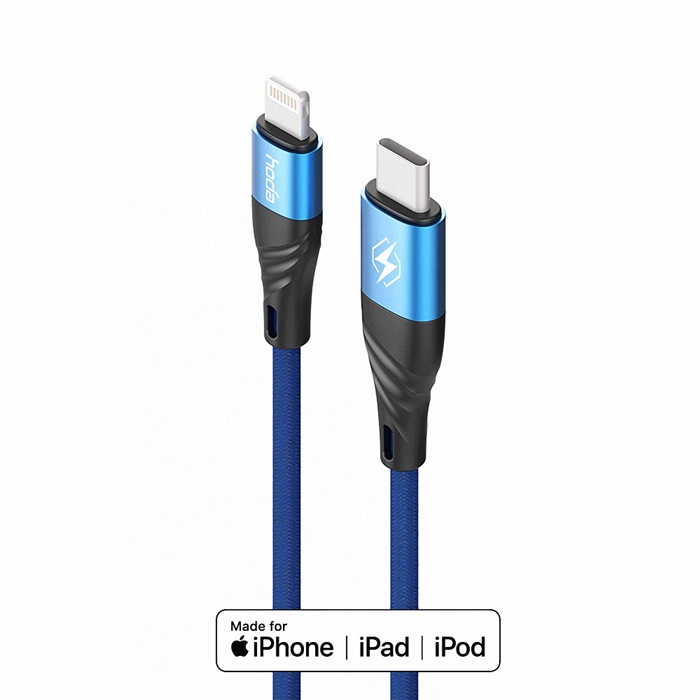 【hoda】 MFi PD USB-C To Lightning M1尼龍編織快速充電傳輸線-藍色 100cm