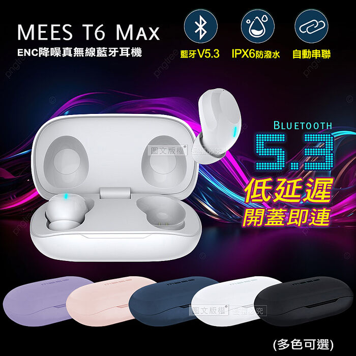 MEES邁斯 T6 Max TWS V5.3 HIFI高音質 IPX6防水降噪真無線藍牙耳機都會藍