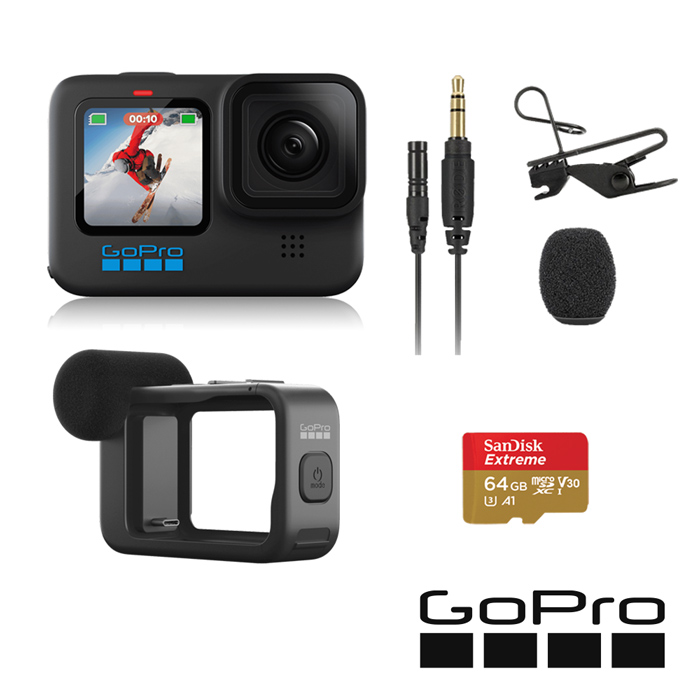 GoPro HERO 10 領夾收音套組 (HERO10單機+RODE Lavalier GO領夾式麥克風+Black媒體模組+64G記憶卡)