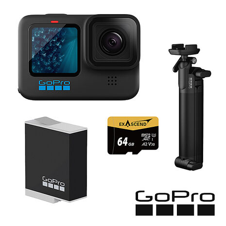 GoPro HERO 11 Black 三向輕裝套組 (HERO11單機+三向多功能自拍桿2.0+Enduro原廠電池+64G記憶卡) 公司貨